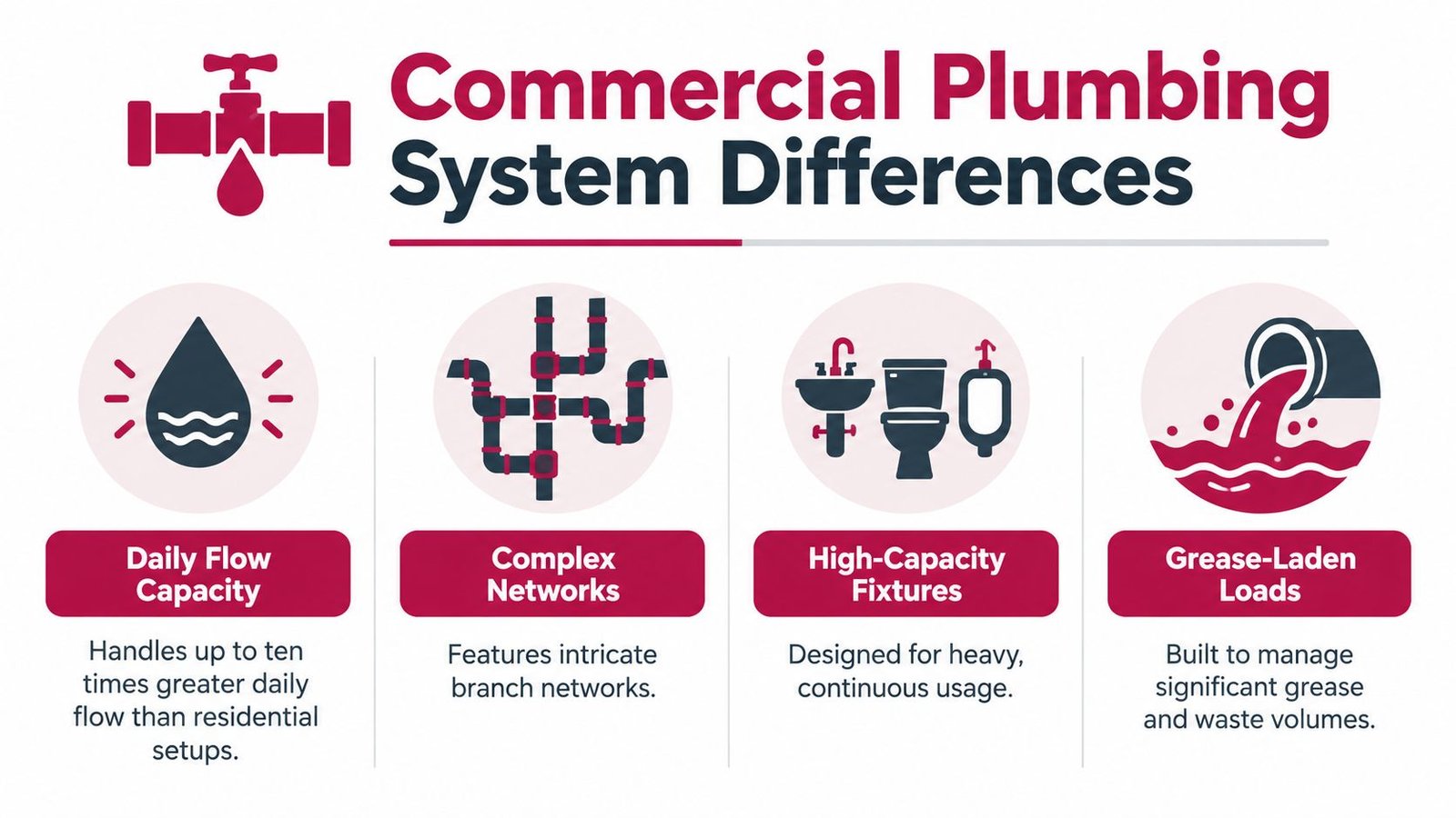 An infographic highlighting four key differences in commercial plumbing systems including capacity, networks, fixtures, and waste management.