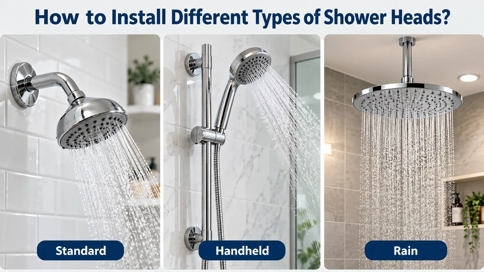 Standard, handheld, and rain shower heads installed in bathroom showers