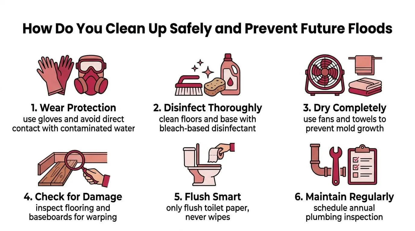 How to safely clean up after a toilet flood and prevent future flooding