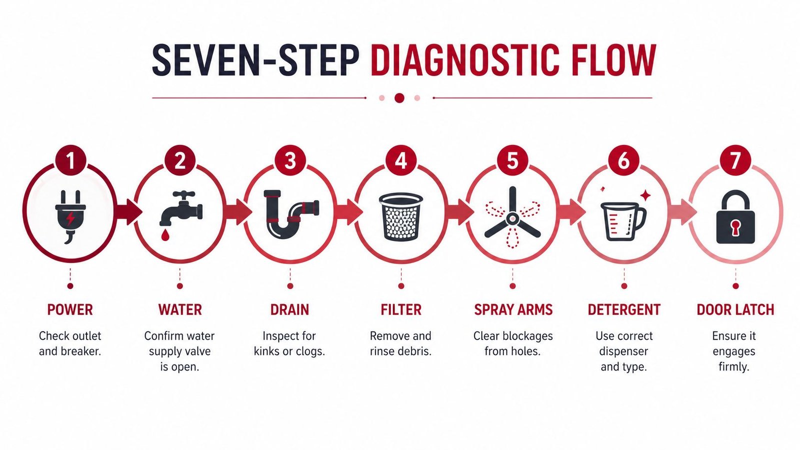 A seven-step diagnostic flowchart for troubleshooting common dishwasher issues, from power and water supply to door latches.
