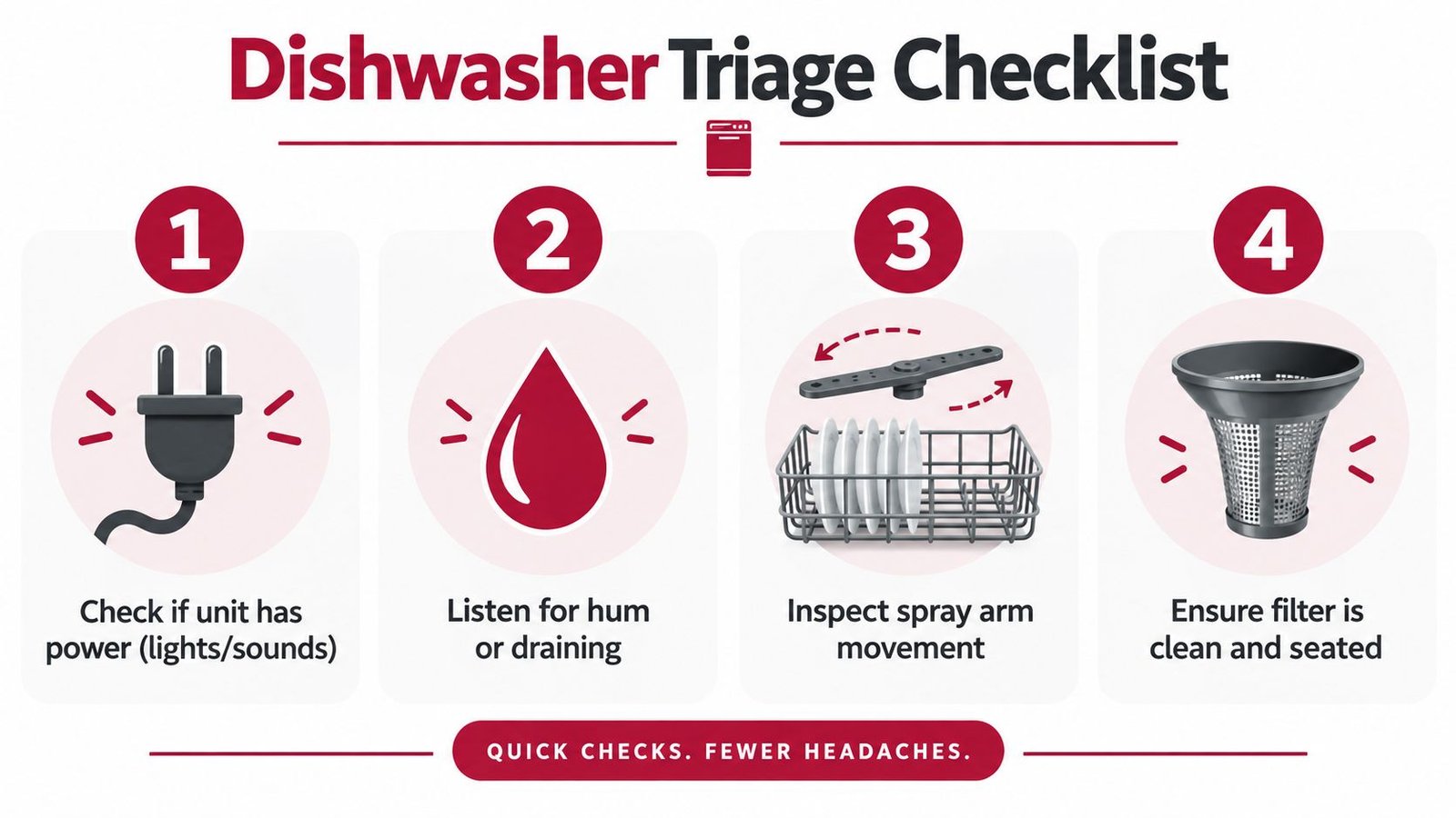 A dishwasher triage checklist infographic showing four quick maintenance steps for troubleshooting common appliance issues effectively.