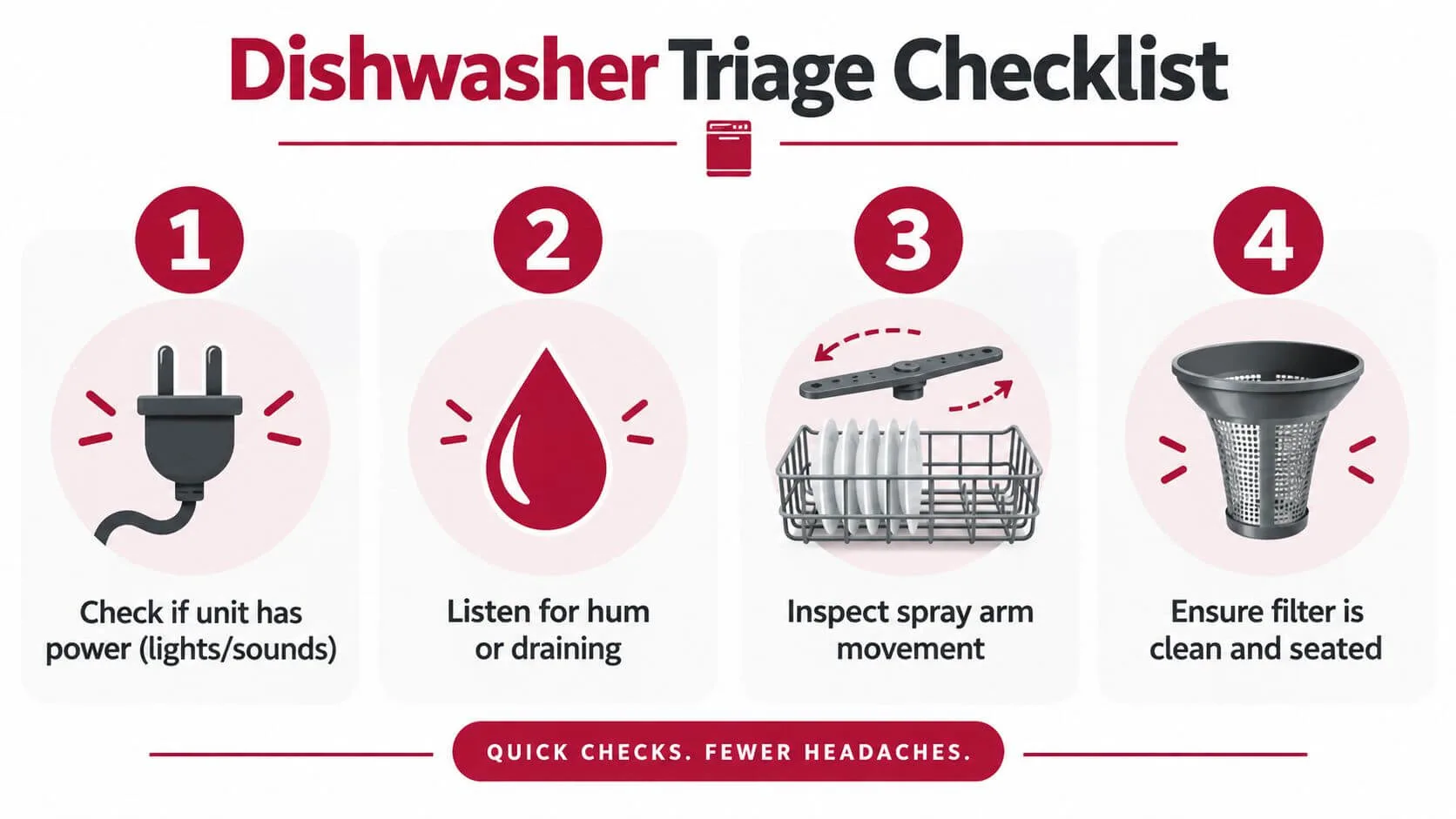 A dishwasher triage checklist infographic showing four quick maintenance steps for troubleshooting common appliance issues effectively.