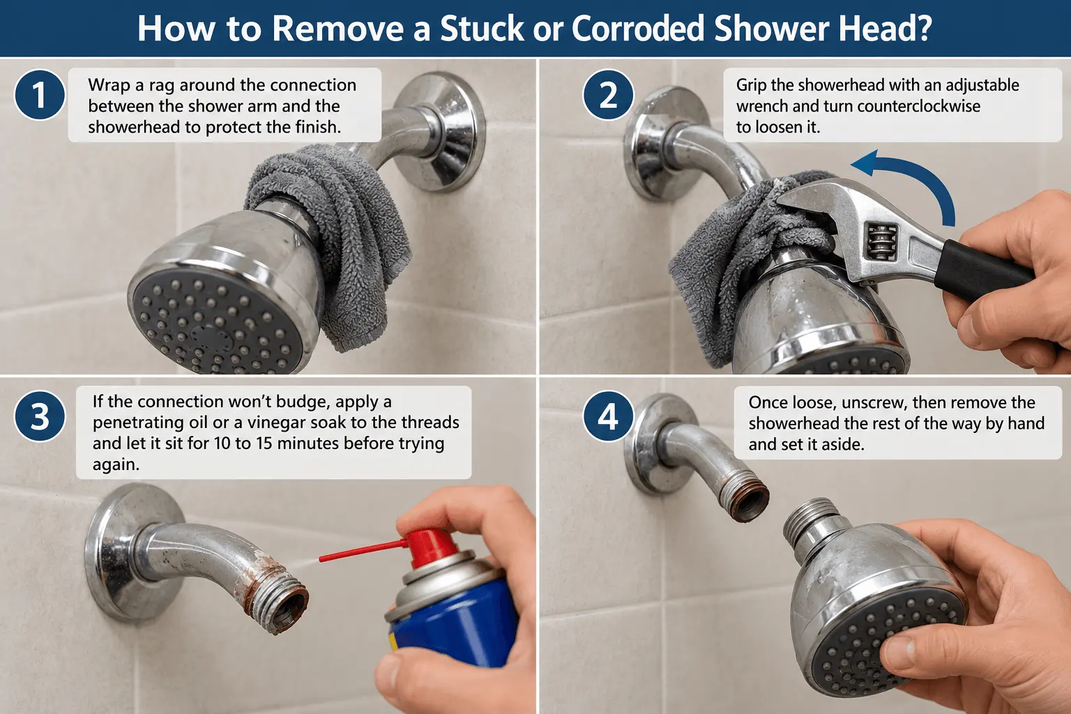 Removing a stuck or corroded shower head with a wrench and protective cloth