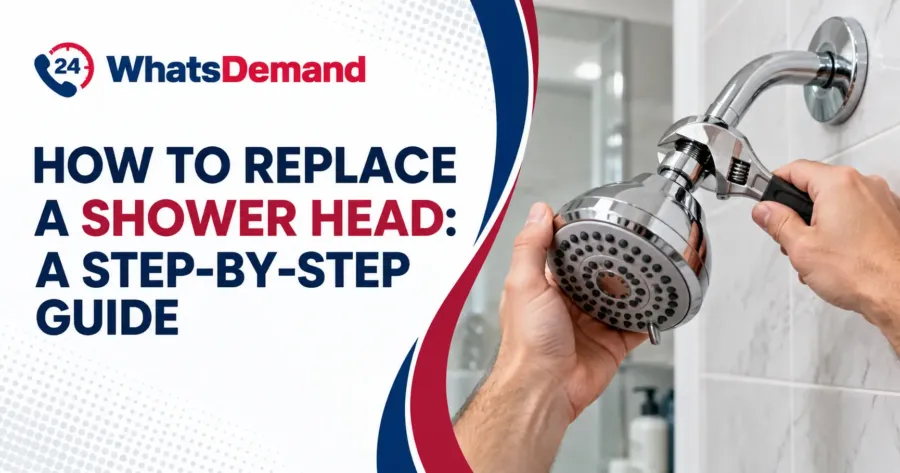 Hands using an adjustable wrench to replace a chrome shower head in a tiled bathroom.