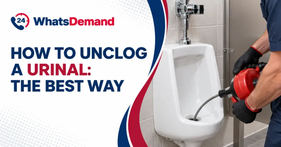 Plumber using a drain auger to unclog a wall-mounted urinal