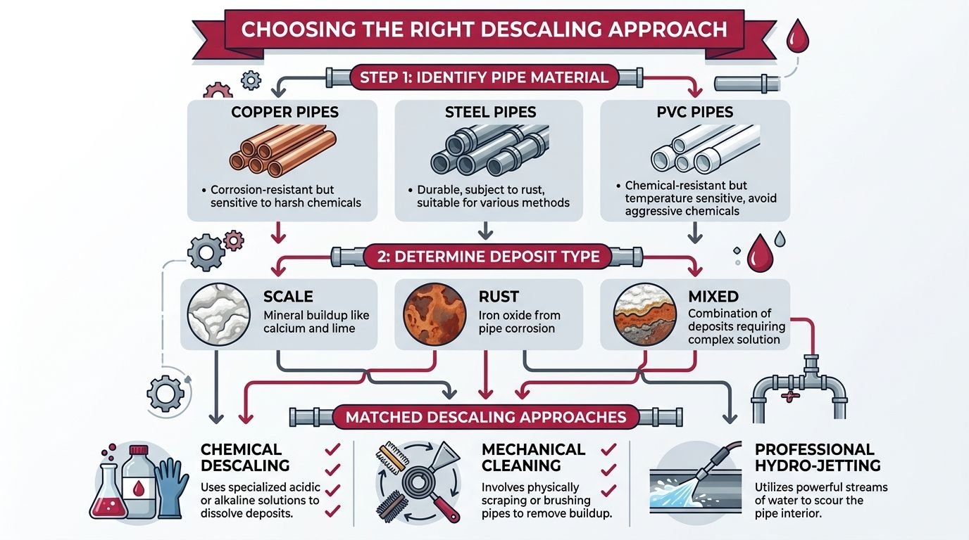 A flowchart guide illustrating the three steps for selecting the correct pipe descaling method for residential plumbing.