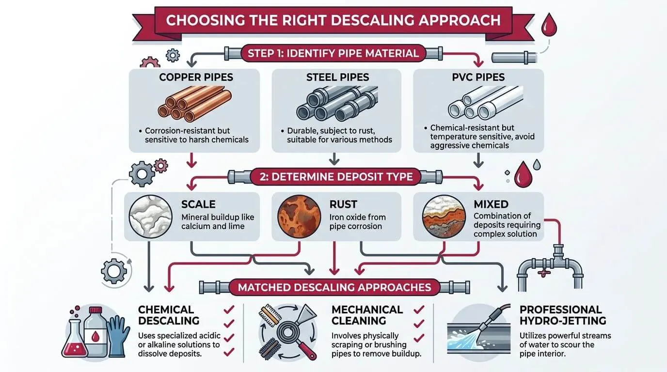 A flowchart guide illustrating the three steps for selecting the correct pipe descaling method for residential plumbing.