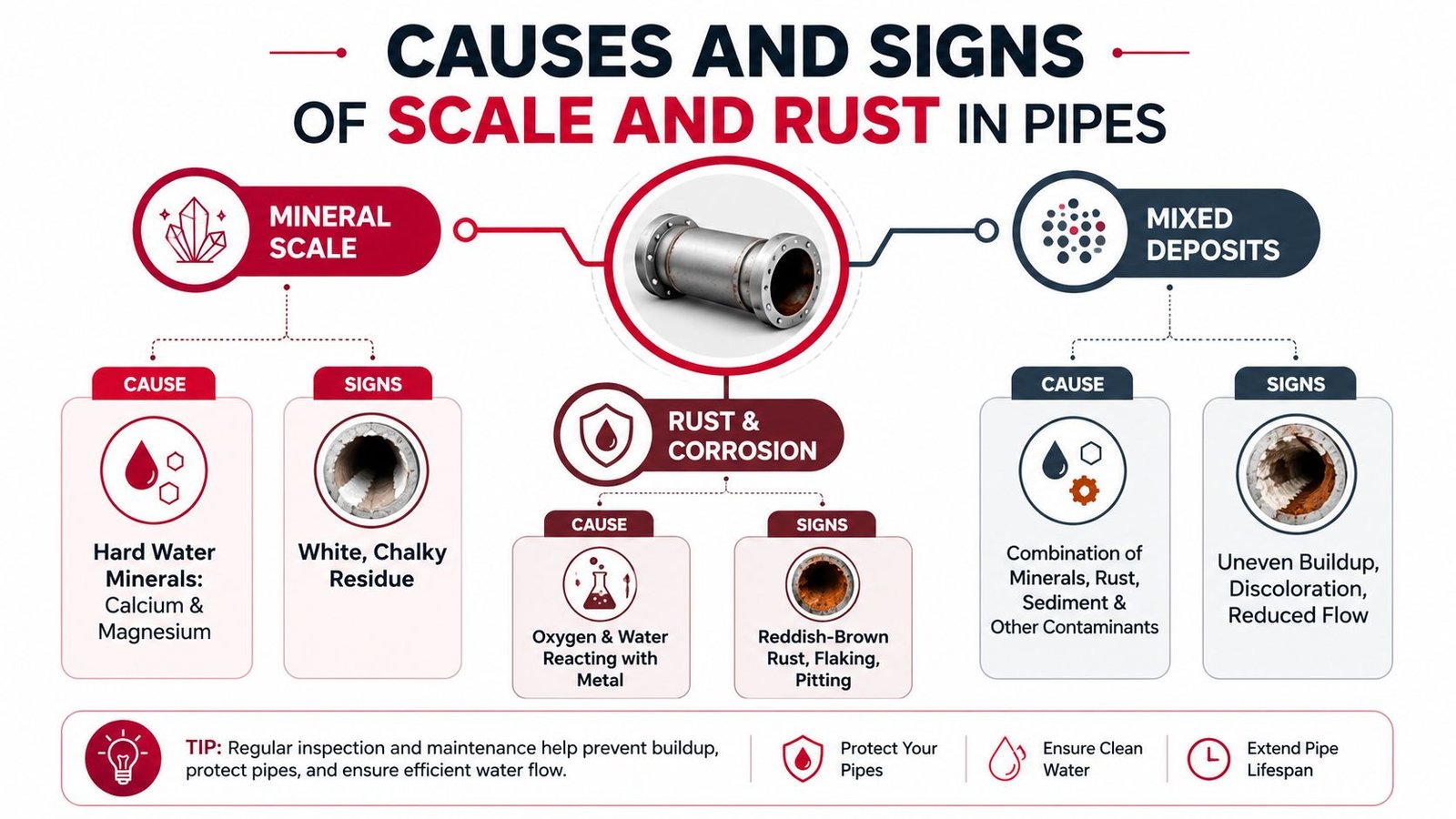 An infographic detailing the causes and signs of mineral scale, rust, and mixed deposits in water pipes.