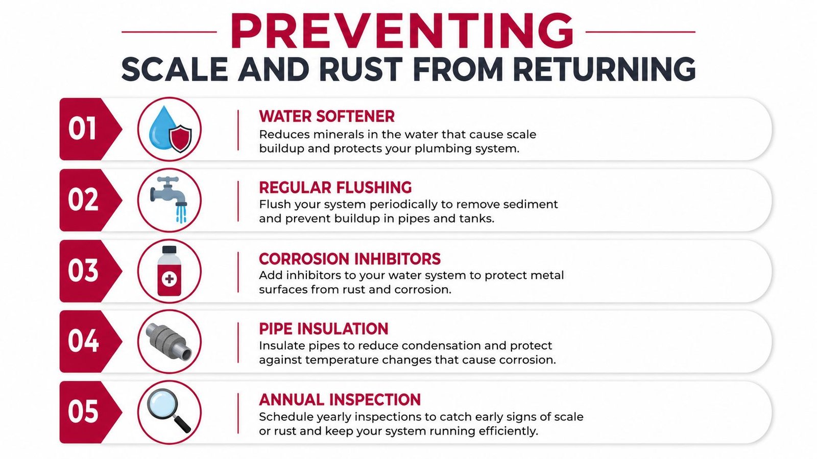 A five-step infographic showing methods to prevent scale and rust buildup in household plumbing systems.