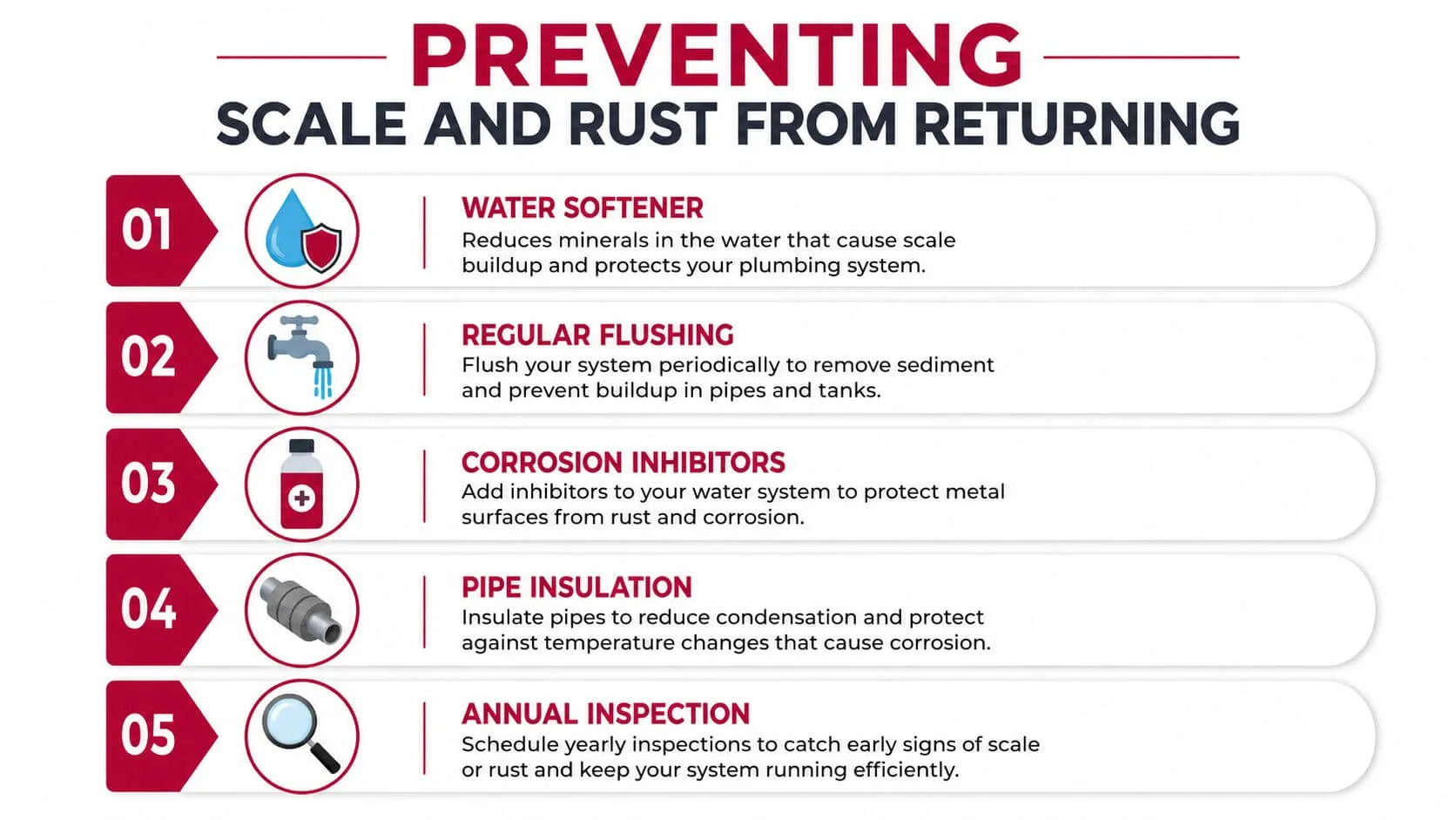 A five-step infographic showing methods to prevent scale and rust buildup in household plumbing systems.