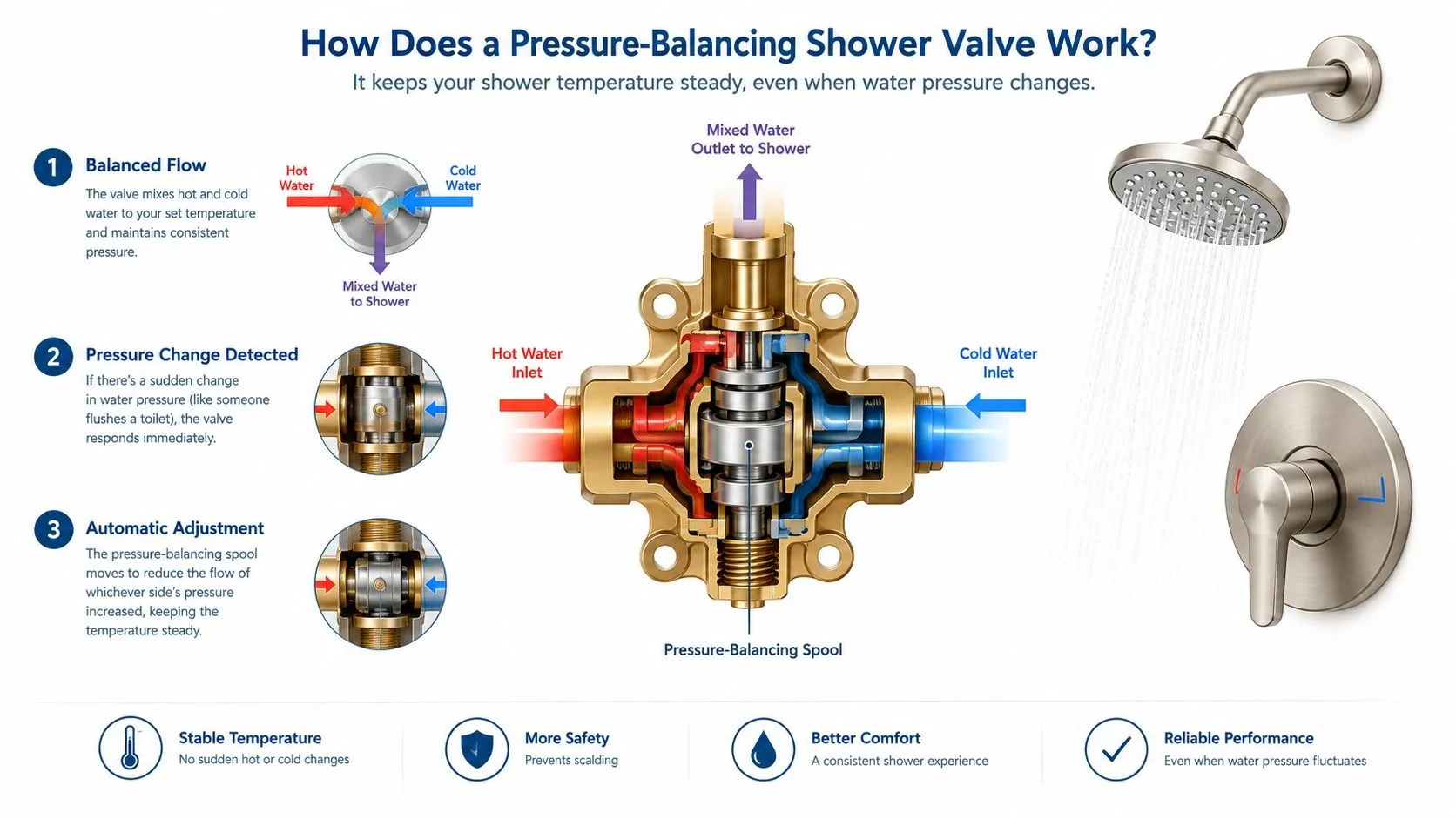 How a pressure-balancing shower valve works to maintain stable water temperature when pressure changes