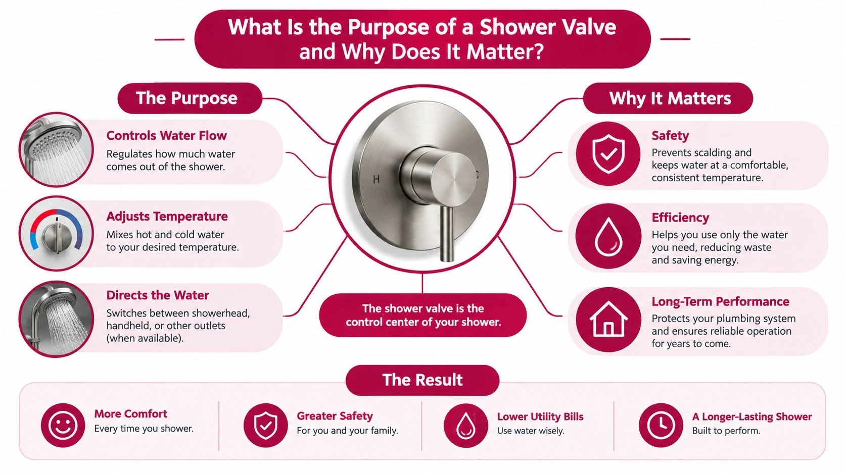 Shower valve purpose, water flow, temperature control, safety, and efficiency