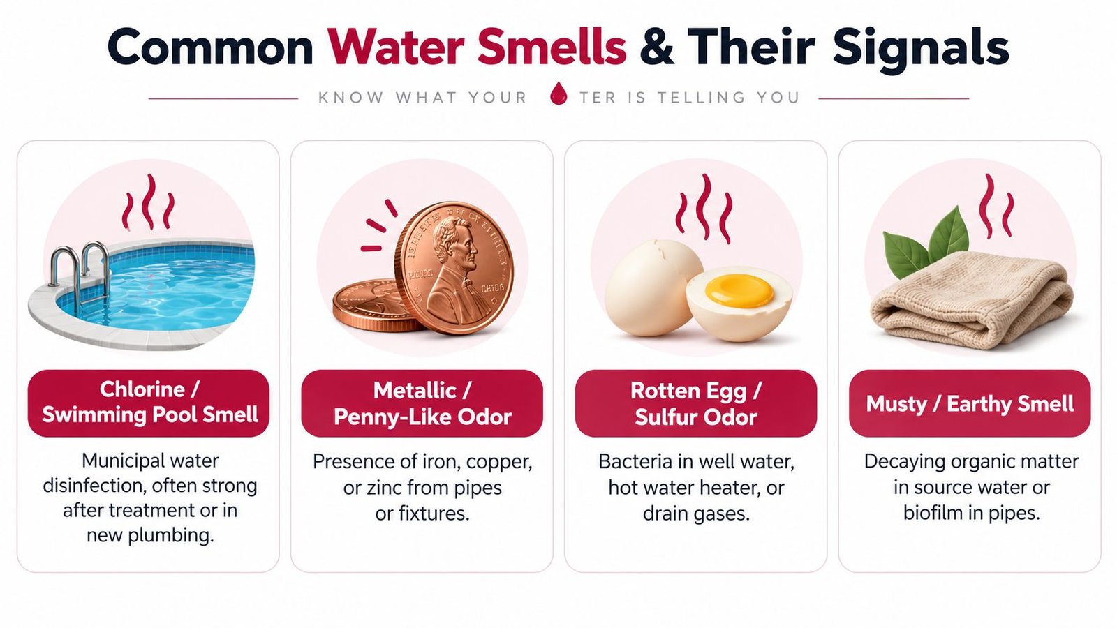 An infographic showing four common water smells and the reasons why they occur in household plumbing.