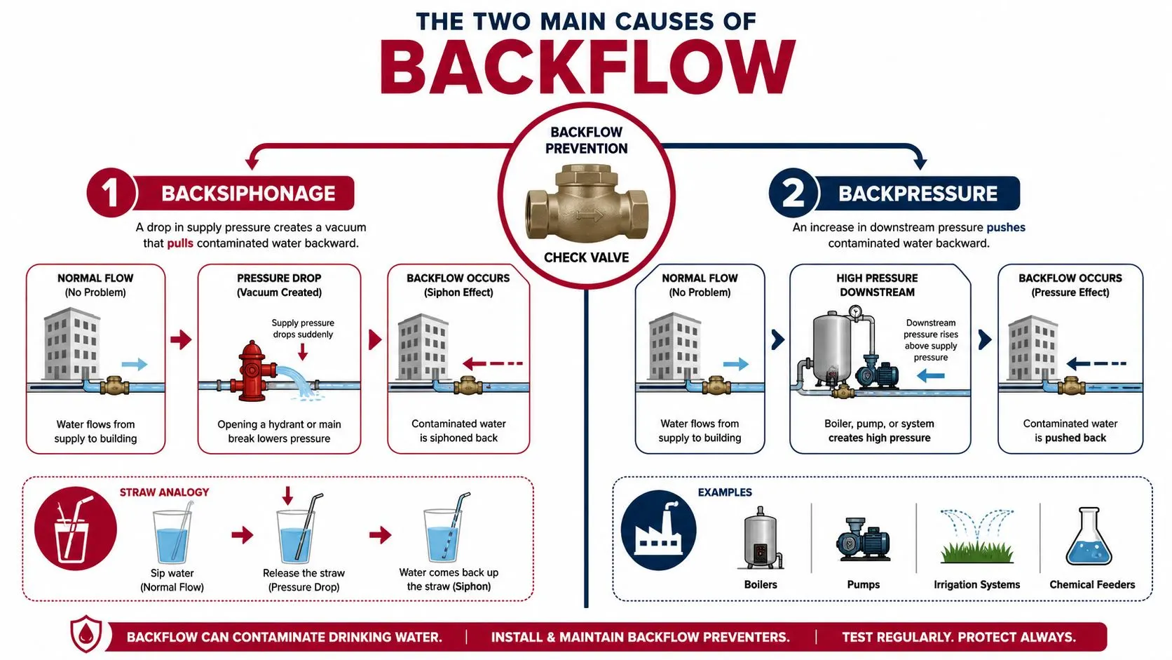 A diagram explaining the two main causes of backflow: backsiphonage and backpressure, showing how they contaminate water supply.