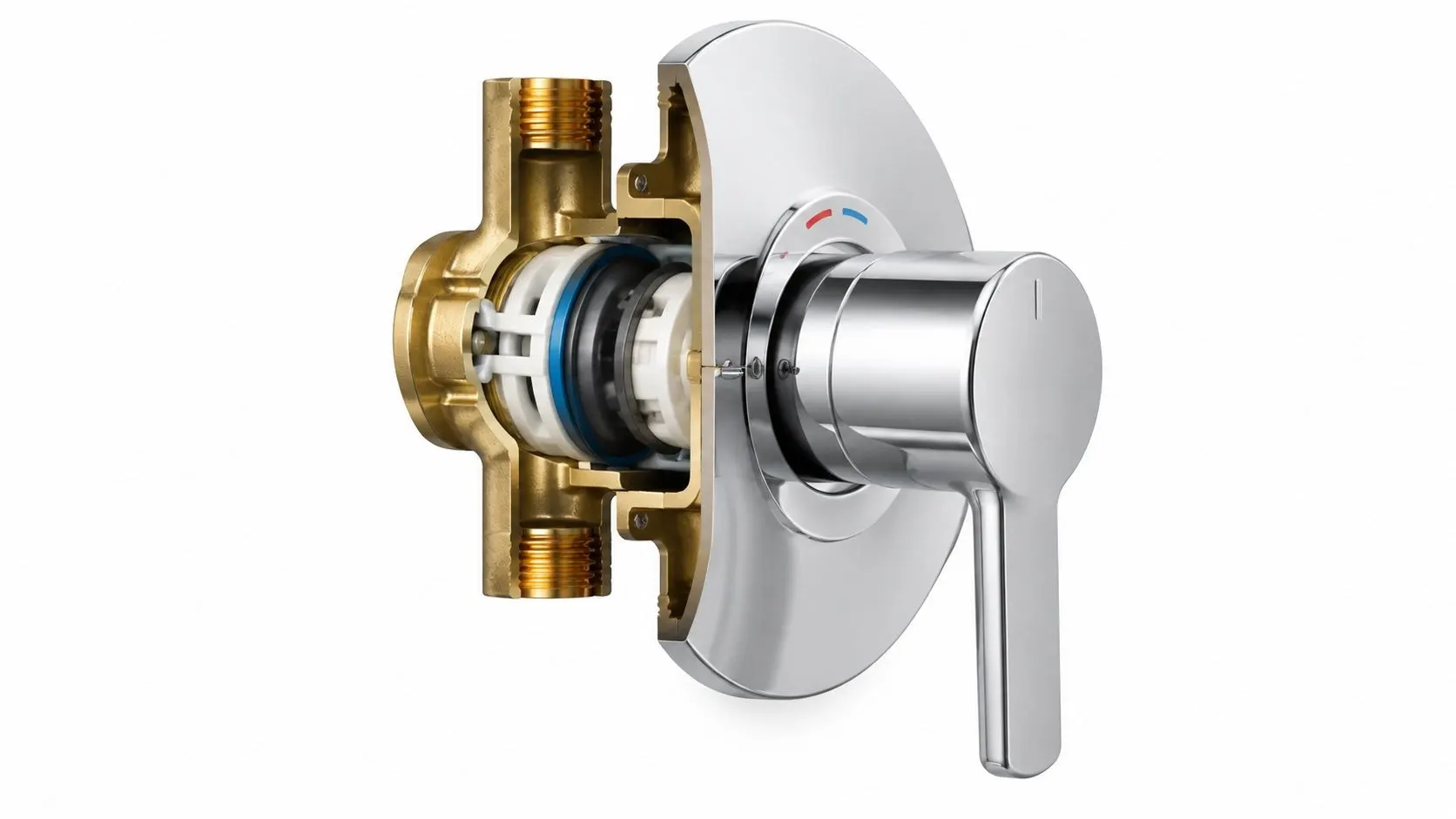 Cutaway view of a thermostatic shower valve showing the internal cartridge and temperature control mechanism
