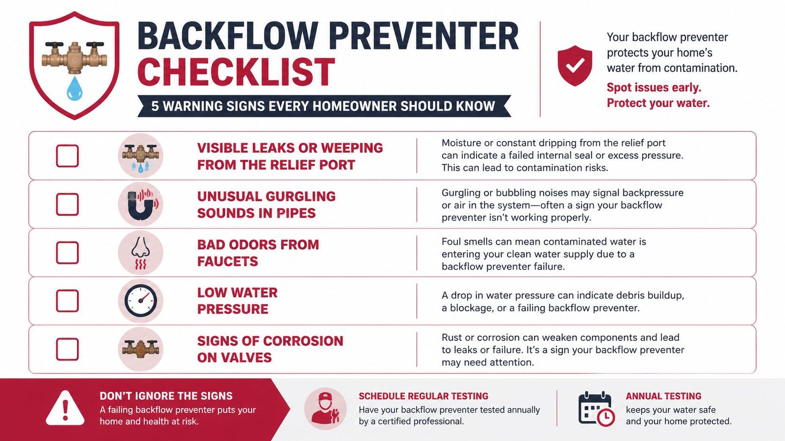 An infographic titled Backflow Preventer Checklist listing five warning signs of a failing water system component.