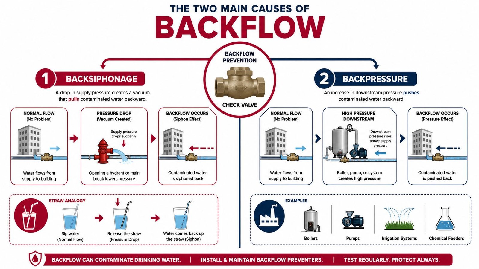 A diagram explaining the two main causes of backflow: backsiphonage and backpressure, showing how they contaminate water supply.