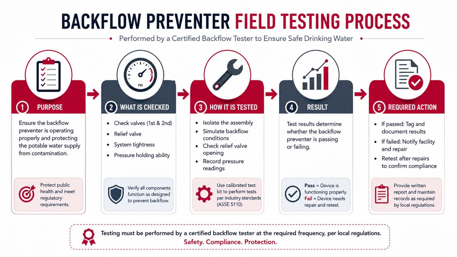 A diagram illustrating the five-step field testing process for backflow preventers to ensure safe drinking water.