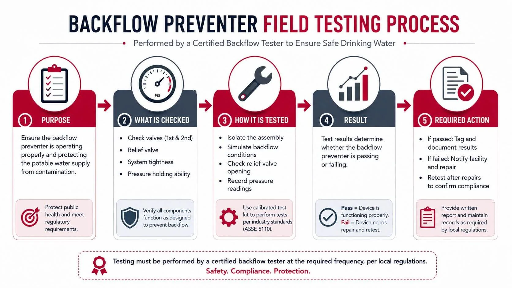 A checklist infographic advising homeowners on how to hire a qualified licensed plumber for backflow testing services.