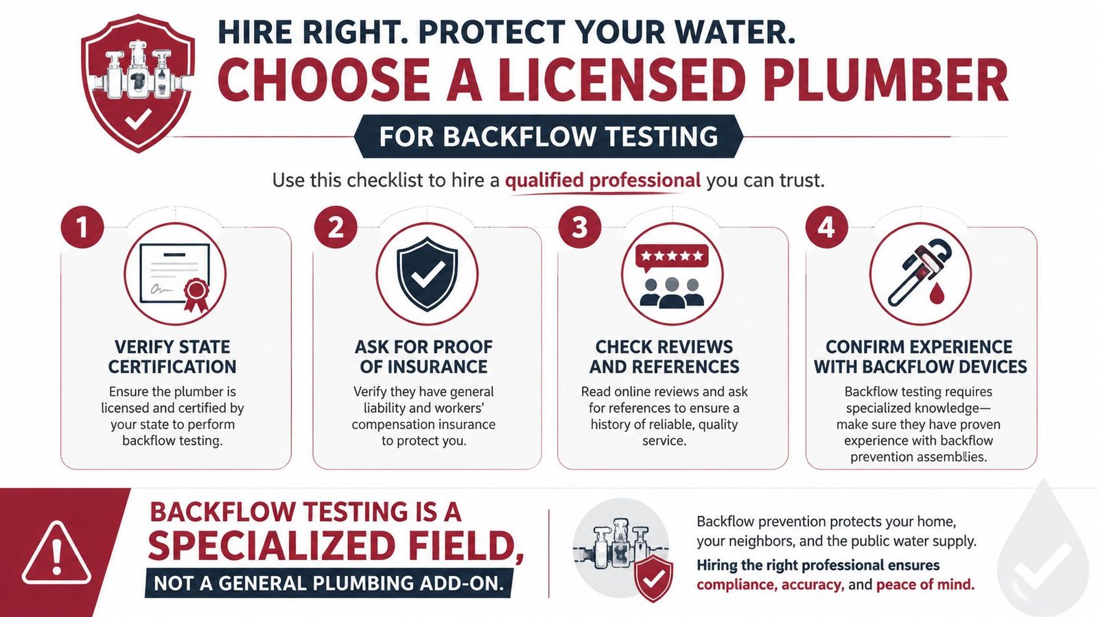A checklist infographic advising homeowners on how to hire a qualified licensed plumber for backflow testing services.