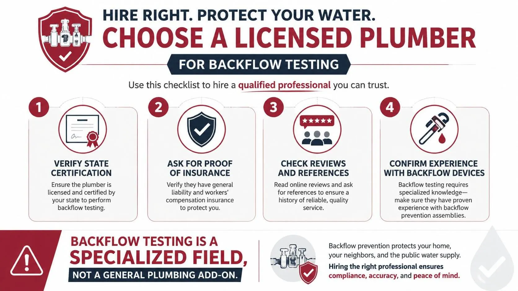 A checklist infographic advising homeowners on how to hire a qualified licensed plumber for backflow testing services.