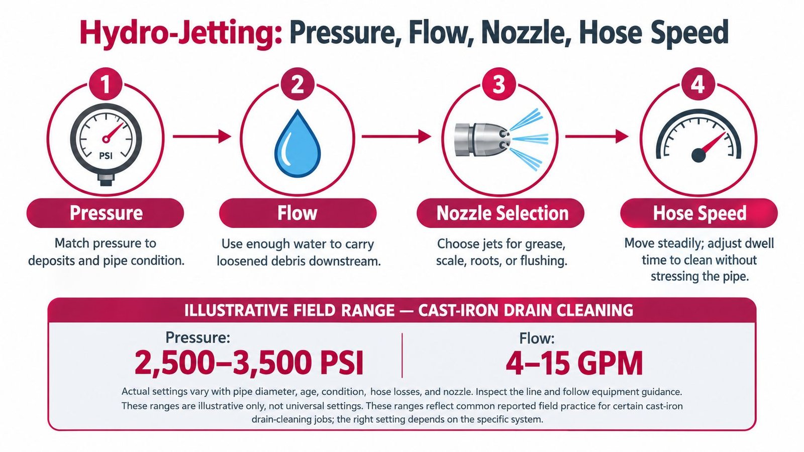 A diagram explaining the four key factors of hydro-jetting for cleaning cast-iron drains: pressure, flow, nozzle selection, and speed.
