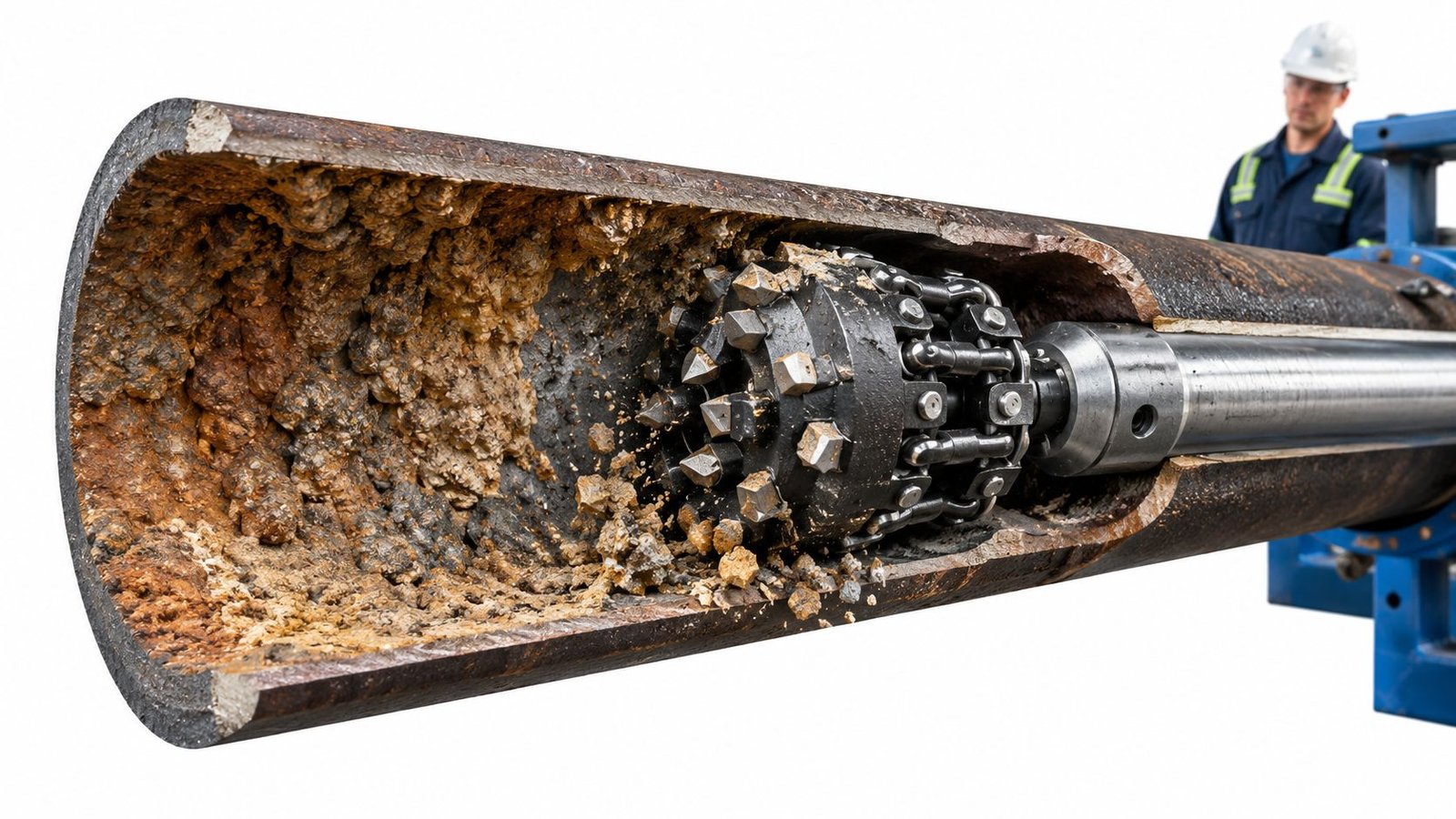 A professional technician using a specialized rotating cutter tool to descale internal deposits from cast iron pipes.