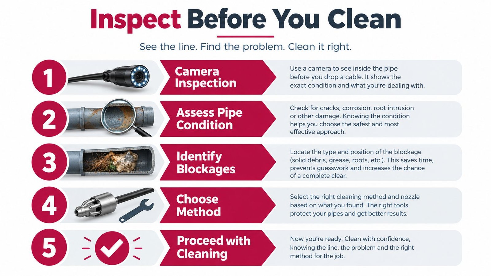 A five-step guide on how to inspect sewer and drain pipes before cleaning them effectively.