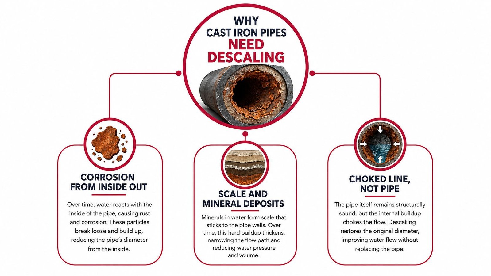 A diagram explaining why cast iron pipes require professional descaling to remove internal rust and mineral buildup.