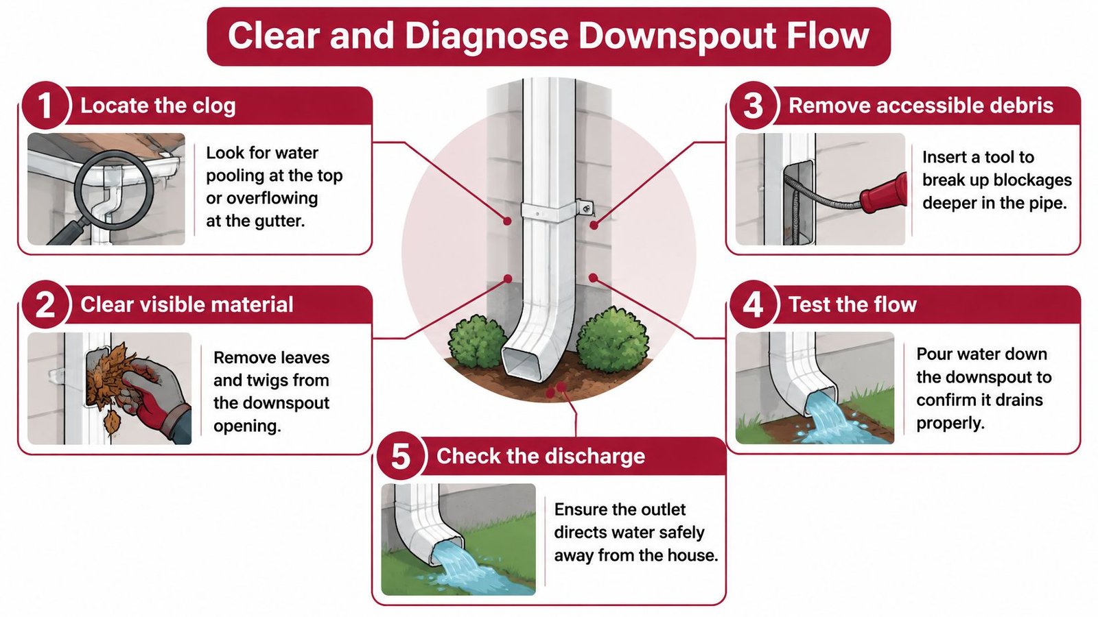 An instructional infographic demonstrating five easy steps to clear and diagnose a clogged house downspout drainage system.