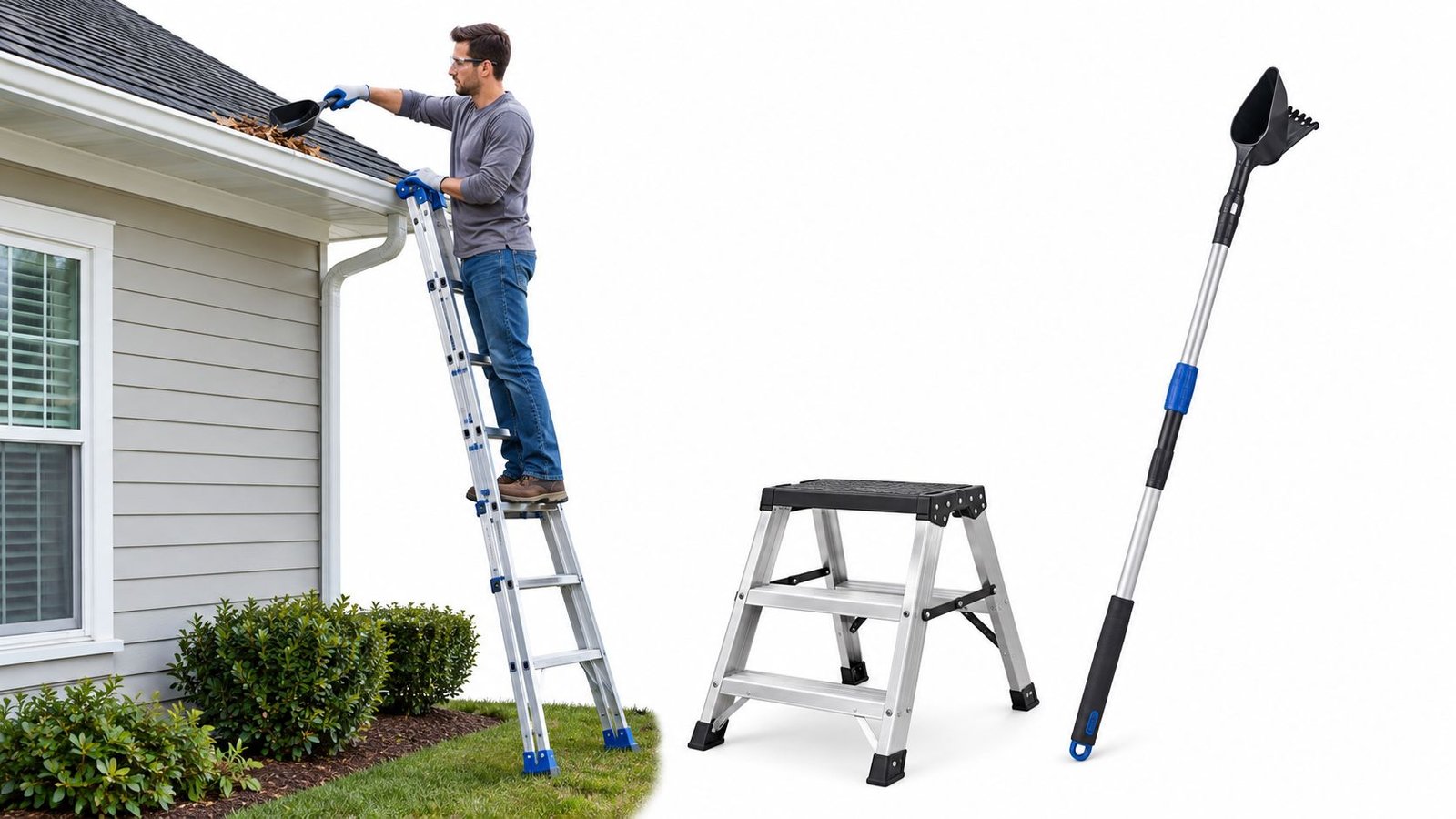 A man uses a ladder and a telescopic tool to safely clear debris from residential home gutters.
