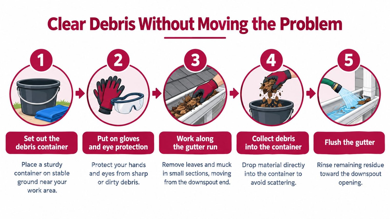 A five-step infographic showing how to safely clean home gutters using a container, gloves, and water.