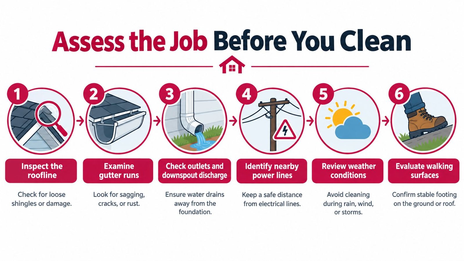 A safety infographic showing six essential steps to assess your home before cleaning gutters and downspouts.