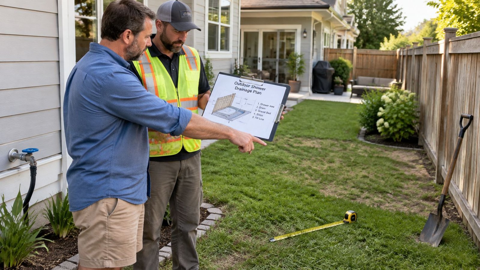 A man in a blue shirt discusses outdoor shower drainage plans with a contractor on a clipboard.