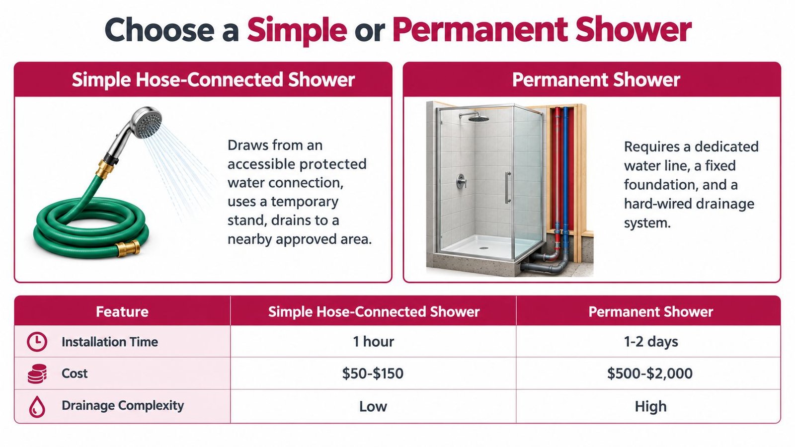A comparison chart showing the differences between a simple hose-connected shower and a permanent shower installation.
