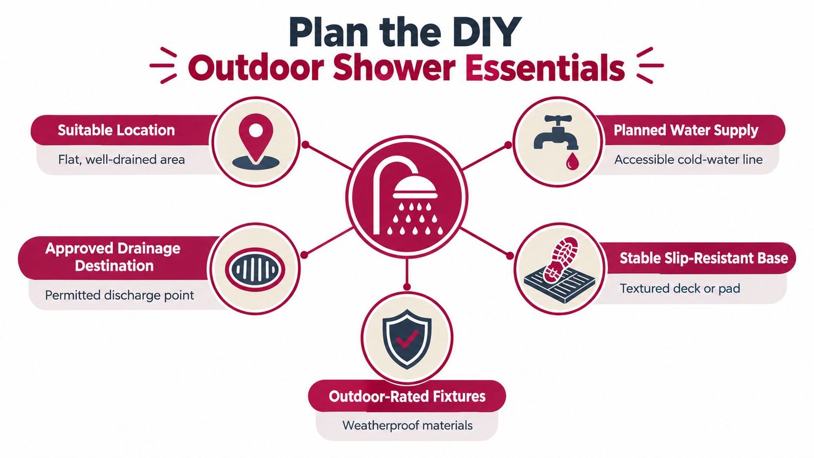 A diagram outlining five key essentials for planning a DIY outdoor shower project with clear icons.