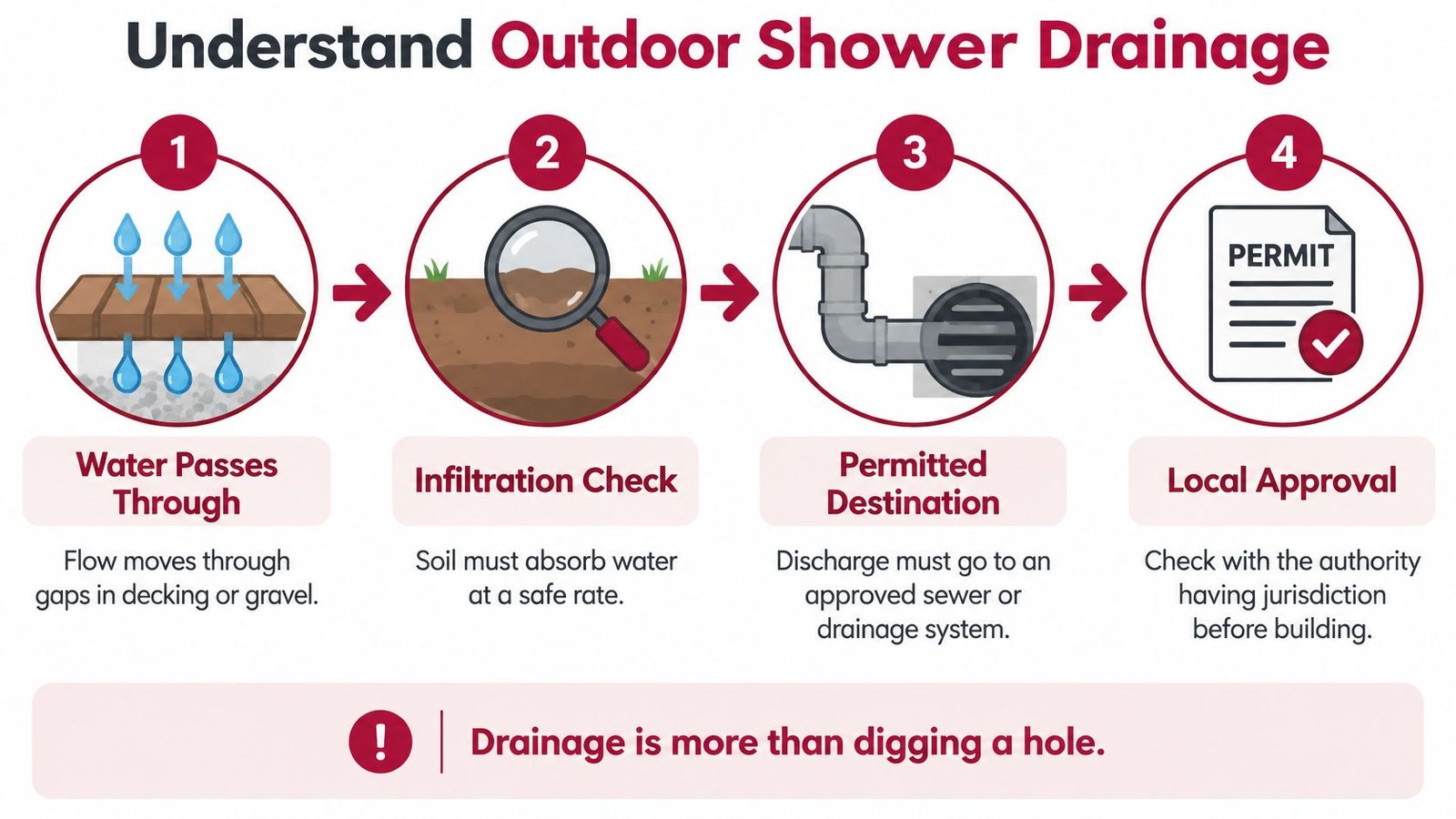 An infographic showing the four-step process for planning proper outdoor shower drainage system installation.